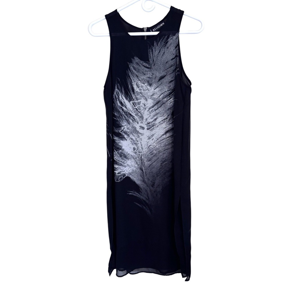 Religion Women's Small Shift Black Feather Print Zip Back Goth Stretch‎ Dress